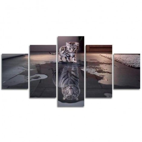 Full Drill - 5D DIY Diamond Painting Kits Cat Reflection Tiger Multi-picture