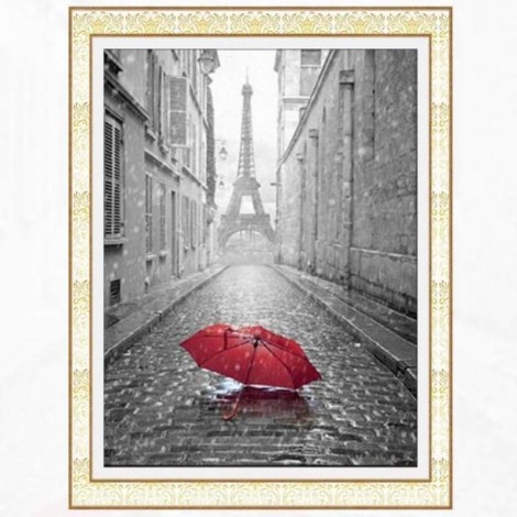 Full Drill - 5D DIY Diamond Painting Kits Grey Landscape Eiffel Tower Red Umbrella